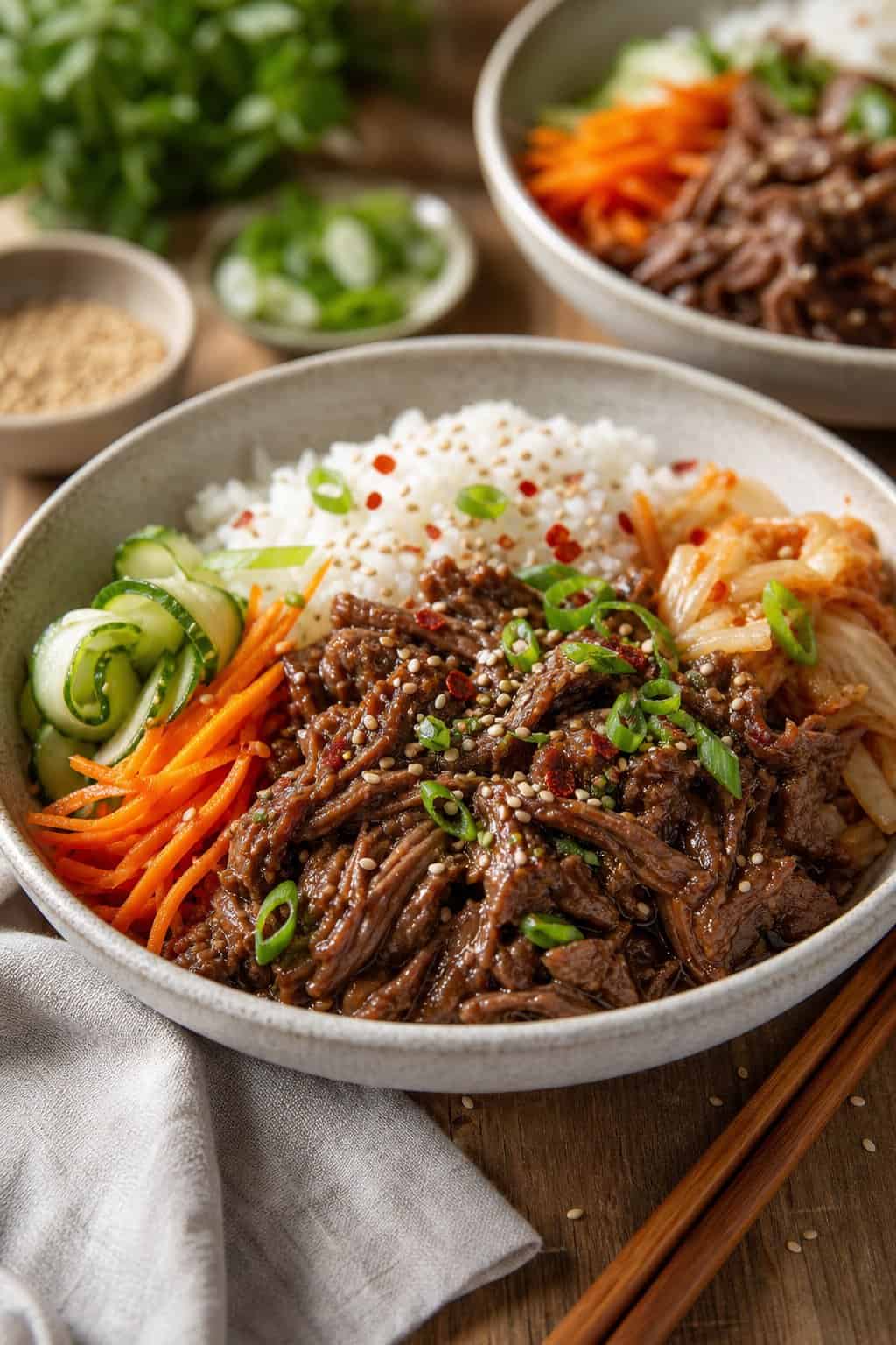 A wide bowl of Korean-style shredded beef over white rice, topped with sliced green onions, sesame seeds, and bright pickled vegetables on a wooden table.