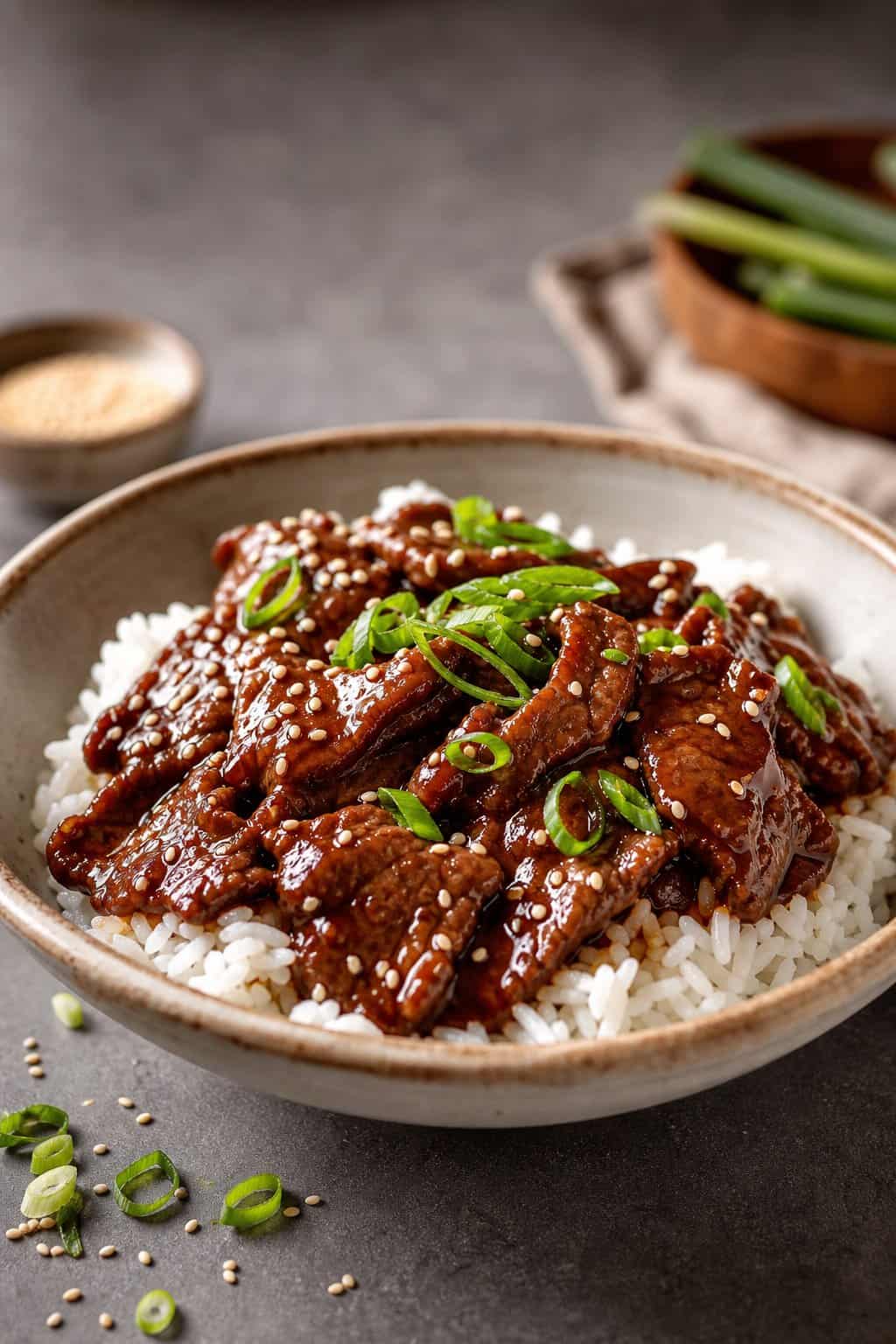A white bowl of glossy Mongolian beef in dark soy-brown sugar sauce, garnished with sliced green onions and sesame seeds over white rice.