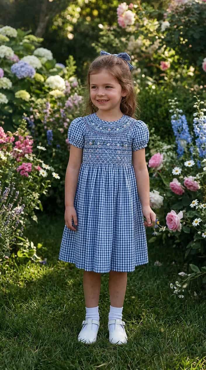 A young girl standing outdoors in a garden, wearing a gingham dress with a smocked bodice, smiling gently.