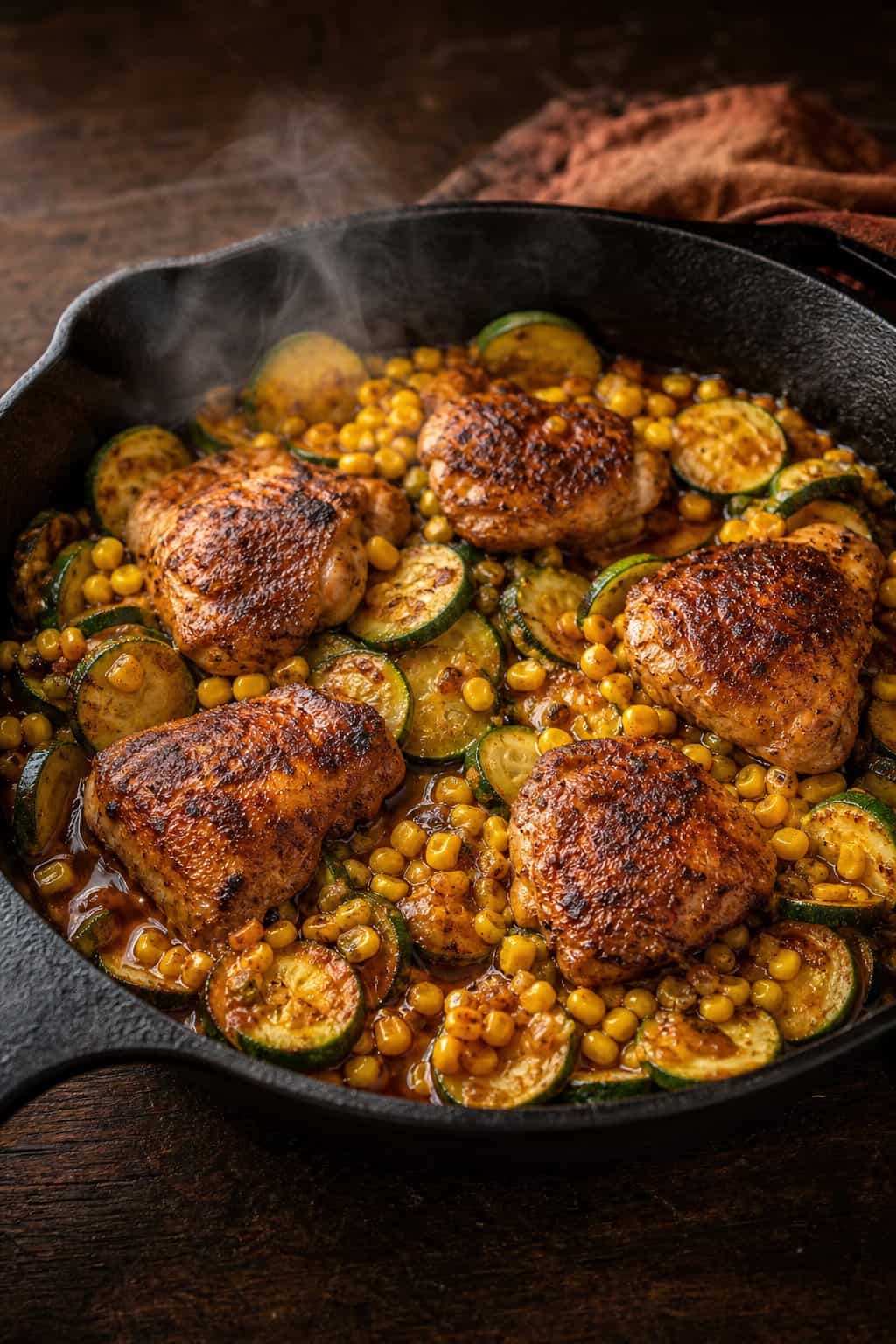 A cast-iron skillet with deeply seasoned paprika-rubbed chicken thighs resting among golden corn kernels and thick half-moon zucchini slices with charred edges.