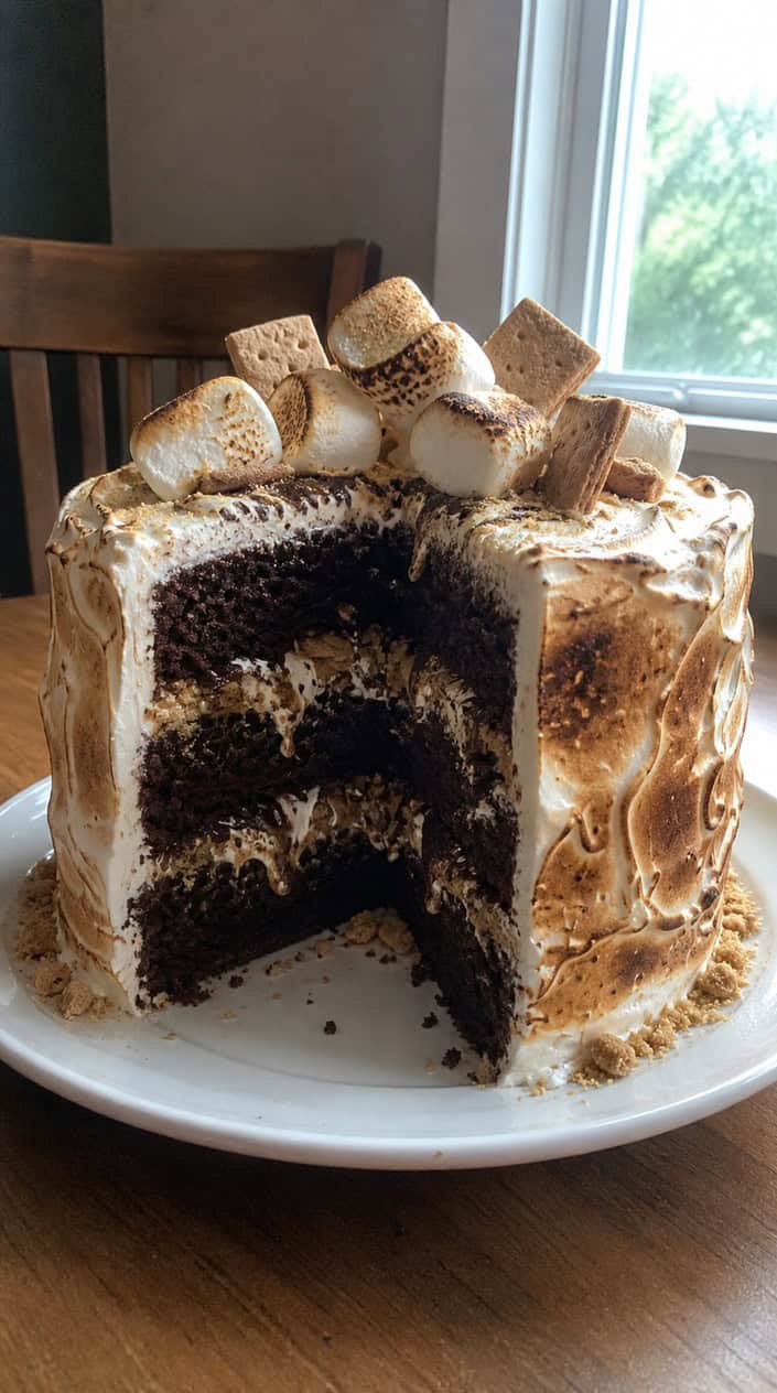 A layered chocolate cake with toasted marshmallow icing and graham cracker pieces on a wooden table with a blurred campfire in the background.