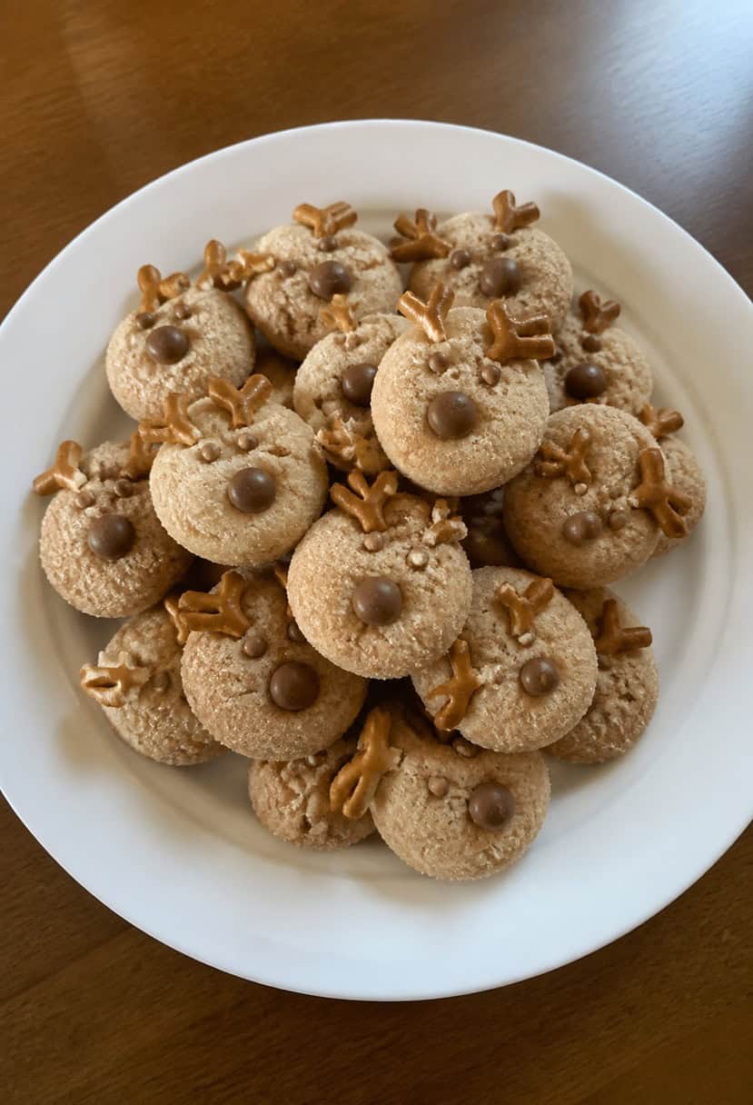 A plate of snickerdoodle reindeer bites surrounded by festive holiday decorations