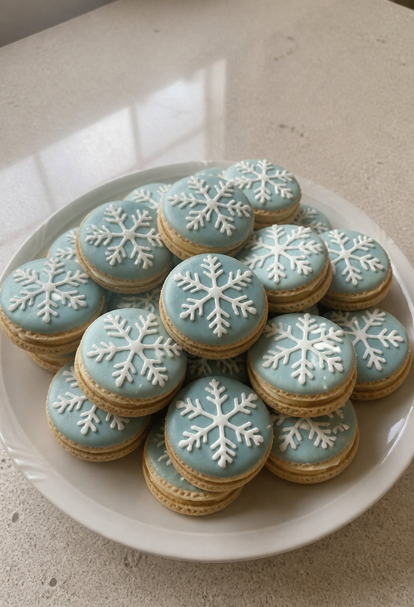 A festive table display of snowflake macarons surrounded by other holiday cookies and decorations