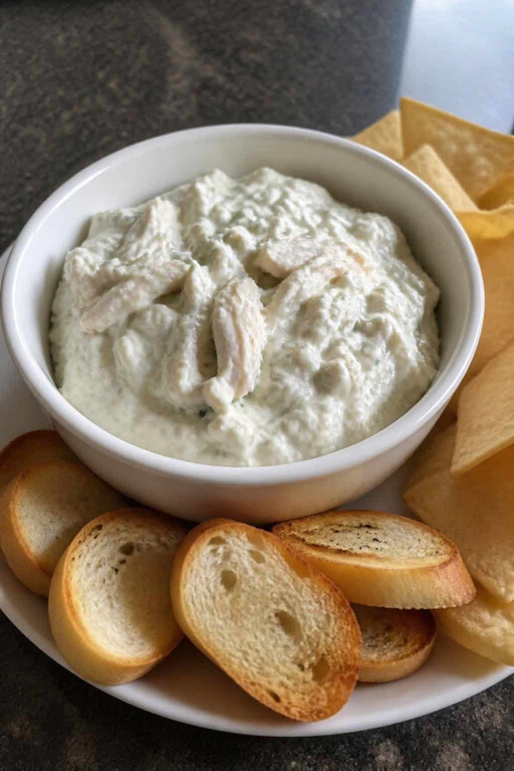 A bowl of sour cream and chive chicken dip surrounded by vegetable sticks, toasted bread slices, and tortilla chips on a wooden table.