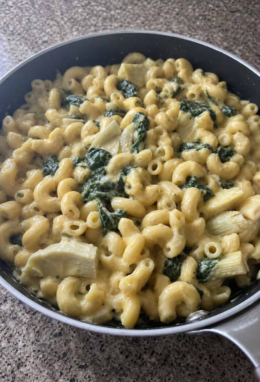 11 Mac and Cheese Skillet Dinners 81 A bubbling skillet filled with creamy mac and cheese, topped with spinach and artichoke, sizzling on a stovetop