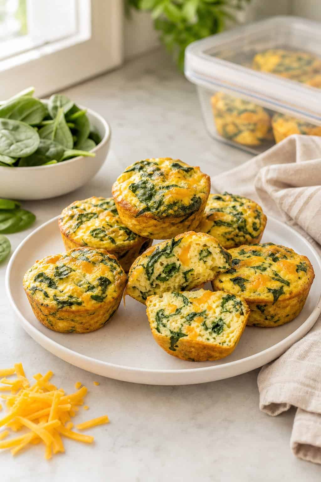 Golden-edged spinach and cheddar egg muffins on a white plate beside a small pile of fresh spinach leaves and a pinch of shredded cheddar.