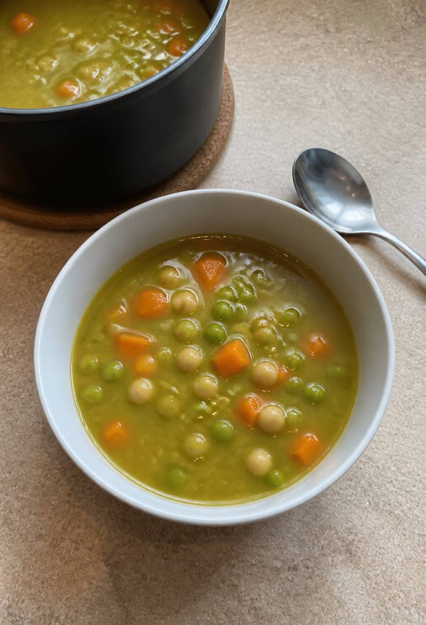 A steaming pot of split pea soup surrounded by fresh ingredients and a ladle