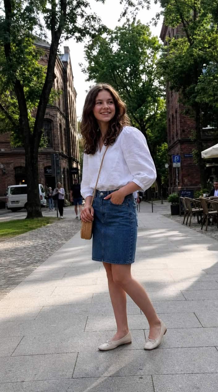 Teenage girl standing outdoors wearing square-toe ballet flats and a summer outfit.