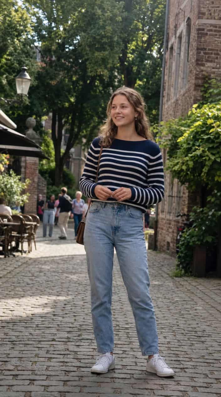 22 Teen Girl Summer Outfits for the Year She Suddenly Cares What She Wears 7 Teenage girl standing outdoors wearing a striped sweater and high-waisted jeans on a sunny day.