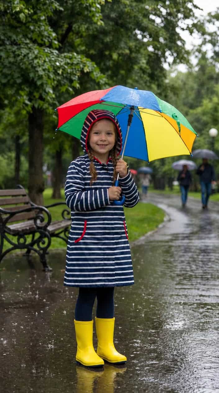 A young girl standing outside in the rain holding an umbrella.