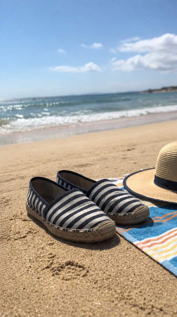 Striped espadrille flats resting on sandy beach with ocean waves in the background.
