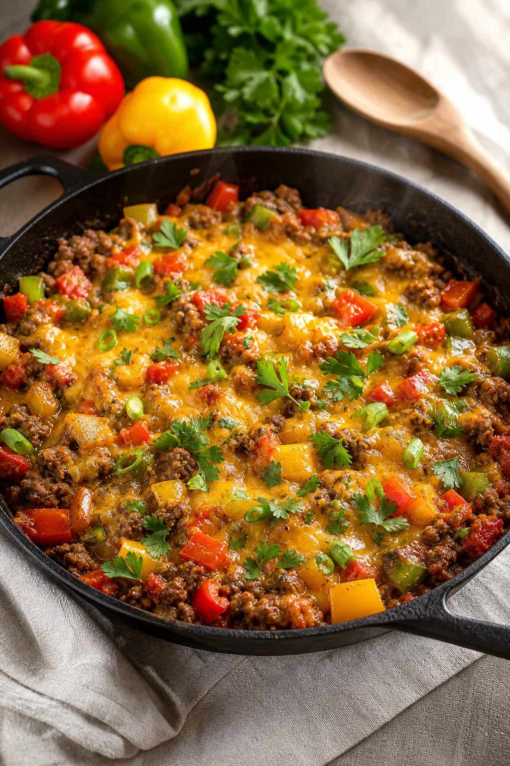 20 Ground Beef Dinners That Stretch One Pound 5 A cast iron skillet packed with seasoned ground beef, diced red and green bell peppers, chunky tomatoes, and a blanket of golden melted cheddar cheese.
