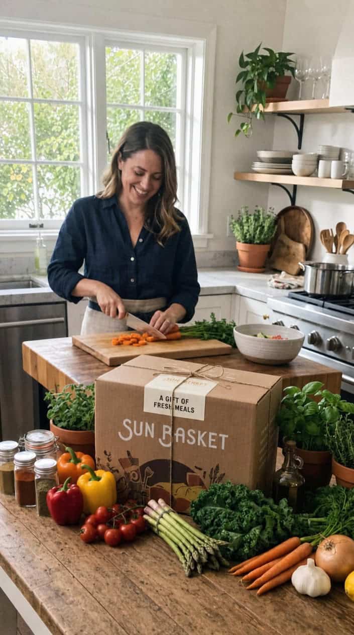 A woman preparing fresh vegetables in a bright kitchen with a Sun Basket meal kit gift box and colorful ingredients on the countertop.
