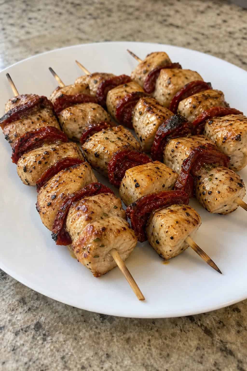 Close-up of grilled chicken skewers with sun-dried tomatoes and herbs arranged on a wooden board with a small bowl of sauce nearby.