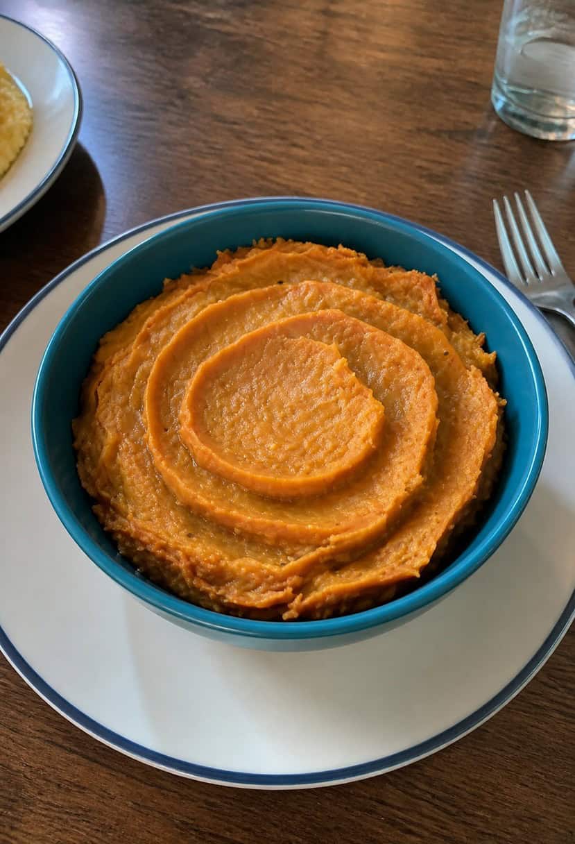 A rustic Thanksgiving table spread with sweet potato casserole, surrounded by autumn foliage and glowing candlelight