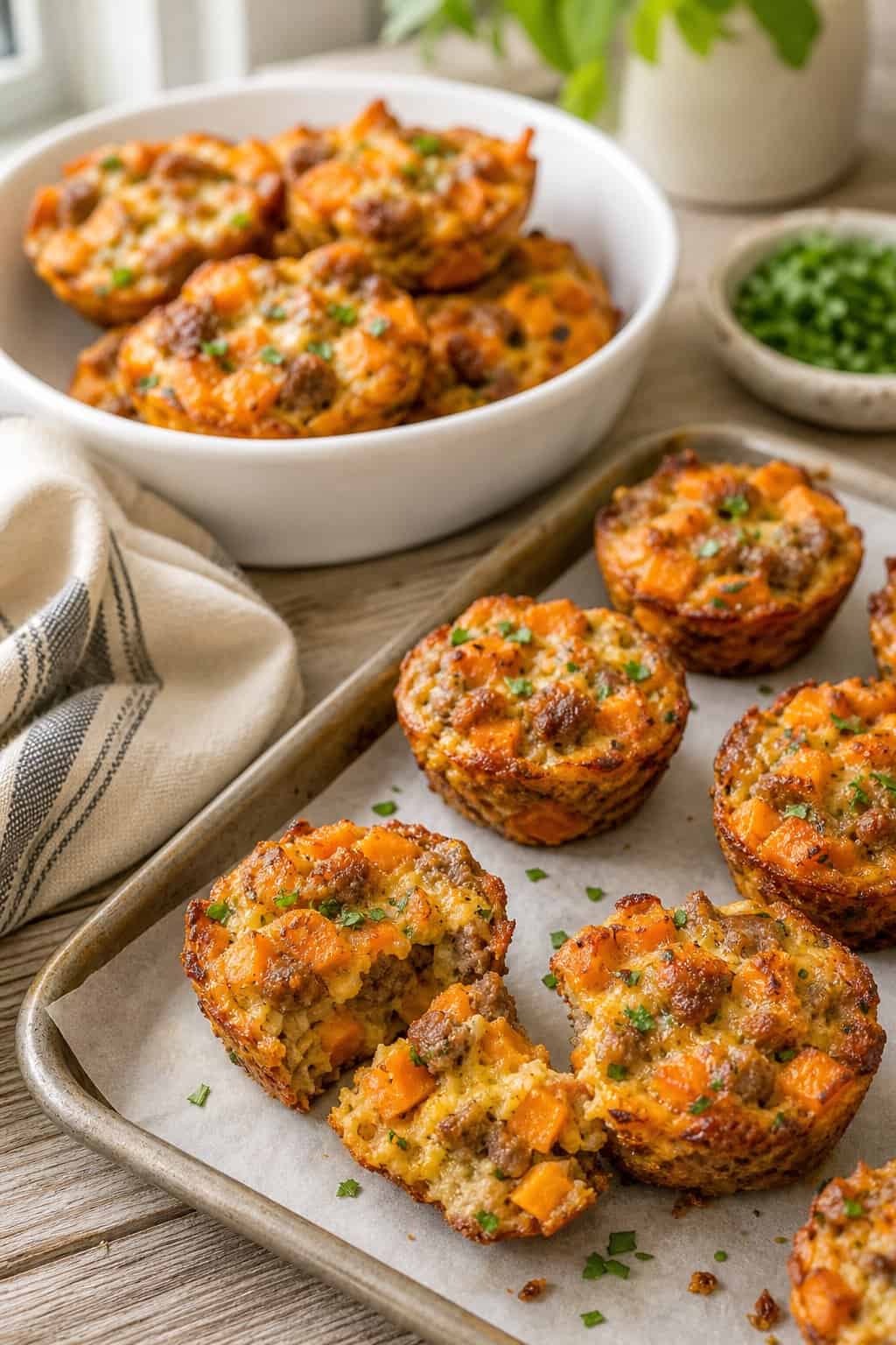 Golden sweet potato and sausage hash cups in a dark muffin tin on a baking sheet, with a few plated on a white dish beside a small ramekin of ketchup.