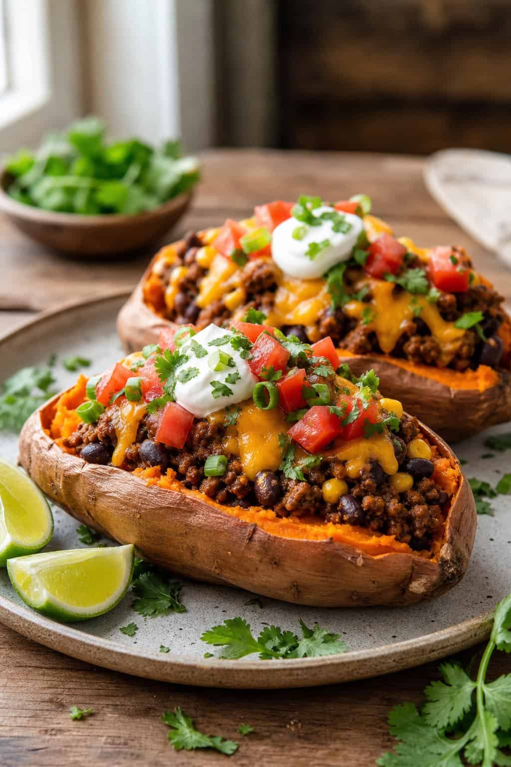 Two split baked orange sweet potatoes overflowing with seasoned ground beef, black beans, yellow corn, shredded cheddar, diced tomatoes, sliced green onions, fresh cilantro, and a swirl of sour cream.