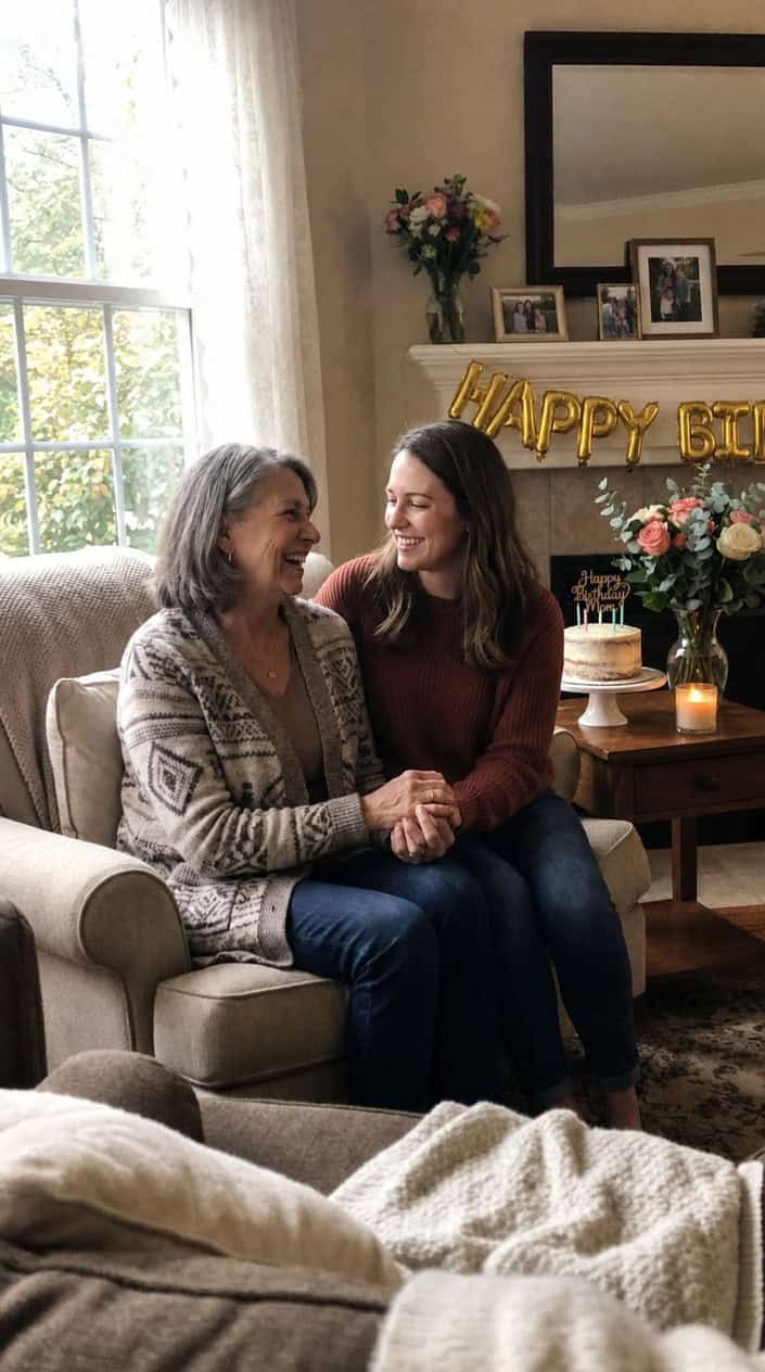 A mother and adult daughter sitting together, holding hands and smiling warmly at each other in a cozy room with birthday decorations.