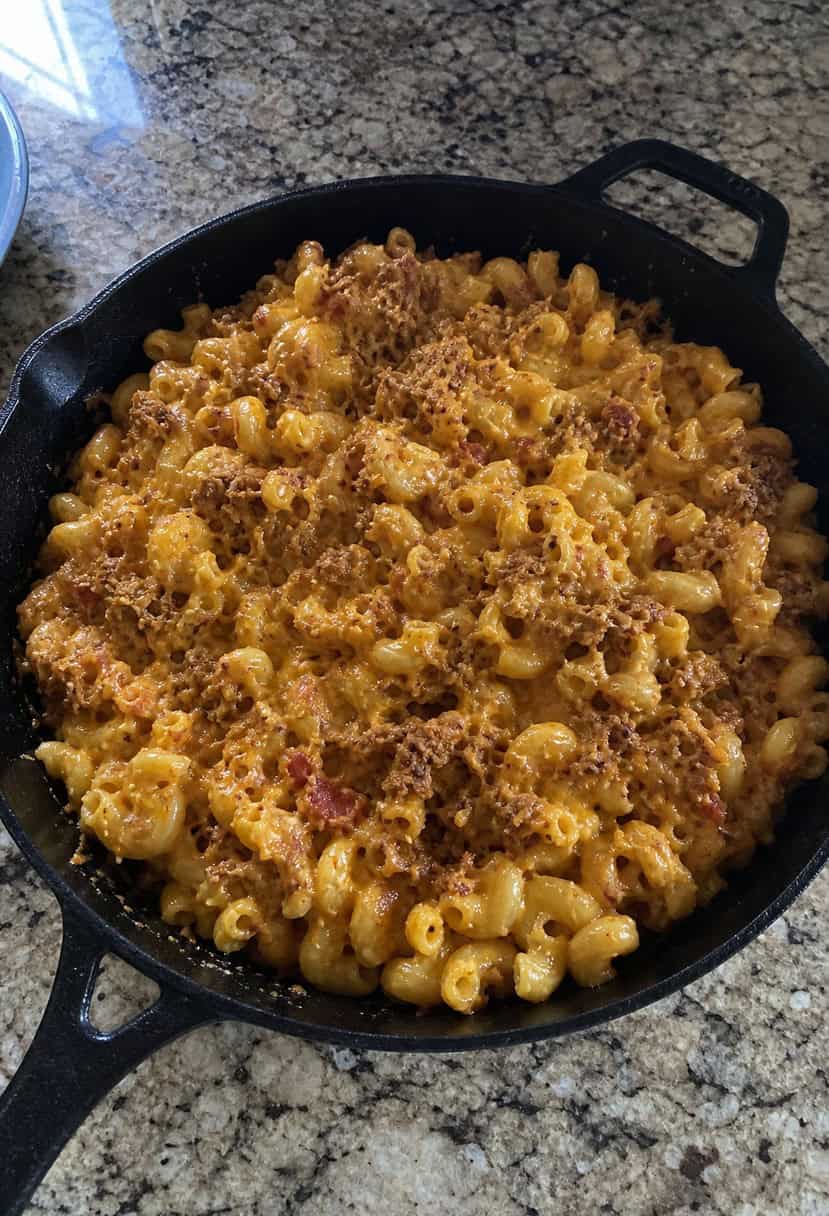 11 Mac and Cheese Skillet Dinners 80 A sizzling skillet filled with Tex-Mex mac and cheese, surrounded by colorful ingredients and spices