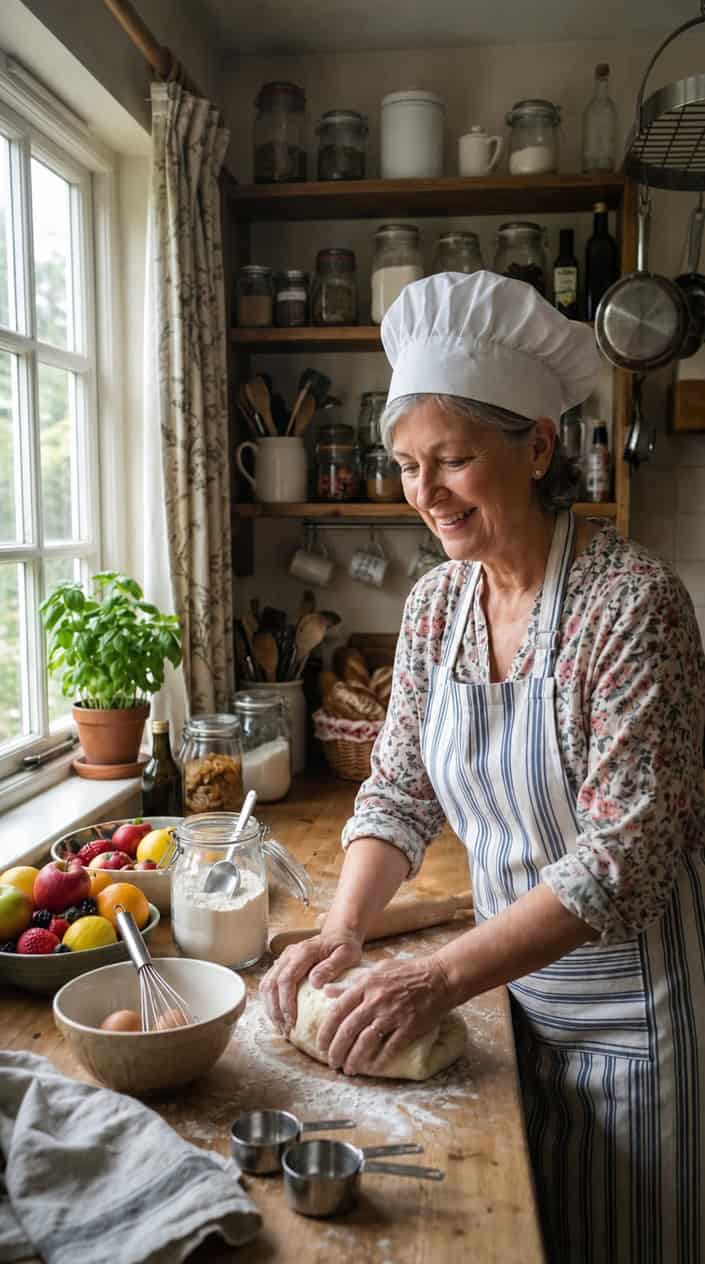 A friendly baker kneading dough on a wooden countertop in a cozy kitchen with baking ingredients and shelves in the background.