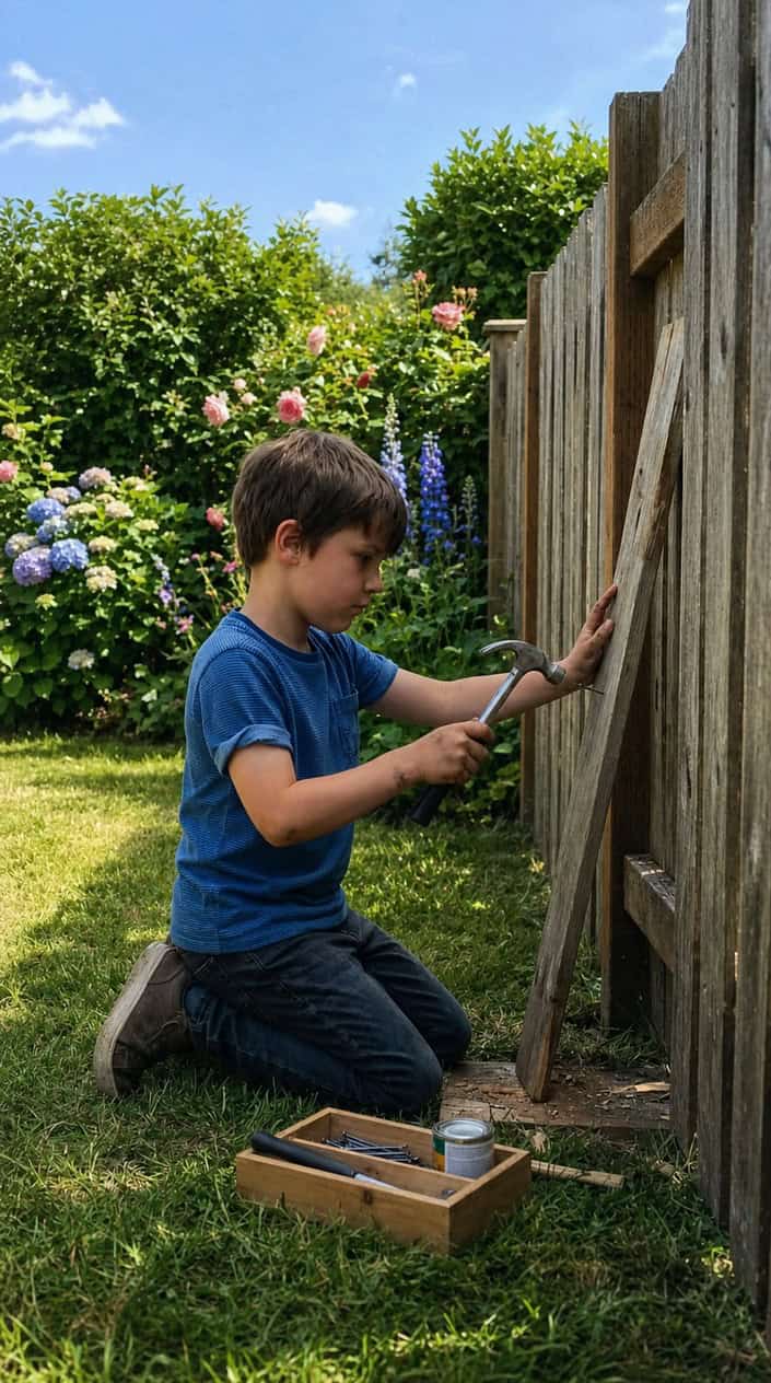 A young boy repairing a wooden fence in a sunny backyard surrounded by grass and flowers.