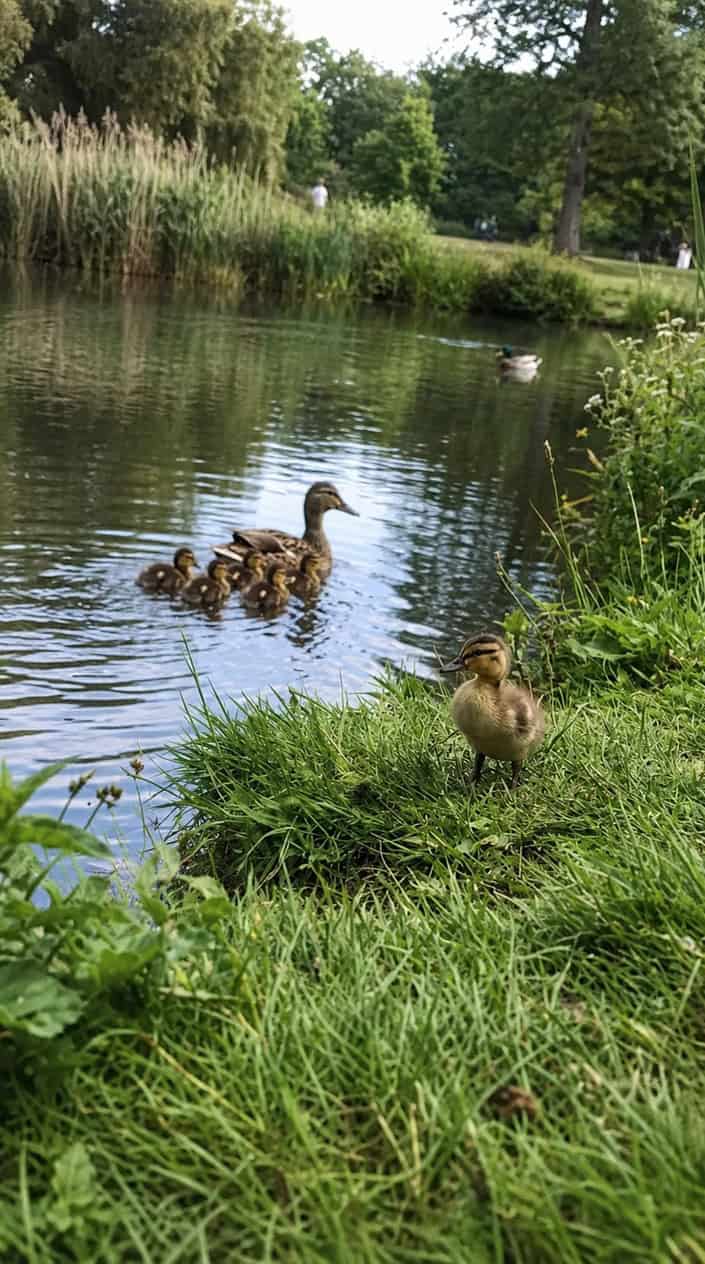 Short Moral Stories for Kids 11 A young duckling standing alone near a pond, separated from a group of ducklings following a mother duck.