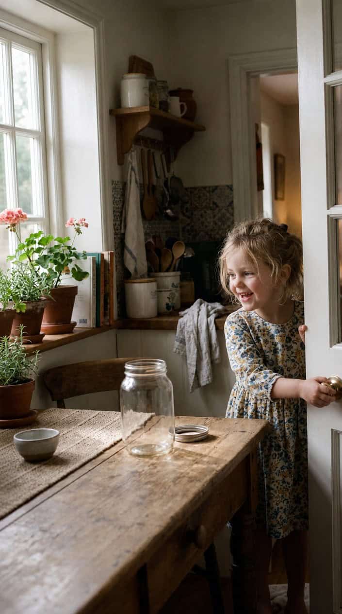 A child opening a kitchen door with a surprised expression while an empty glass jar sits on a wooden table nearby.