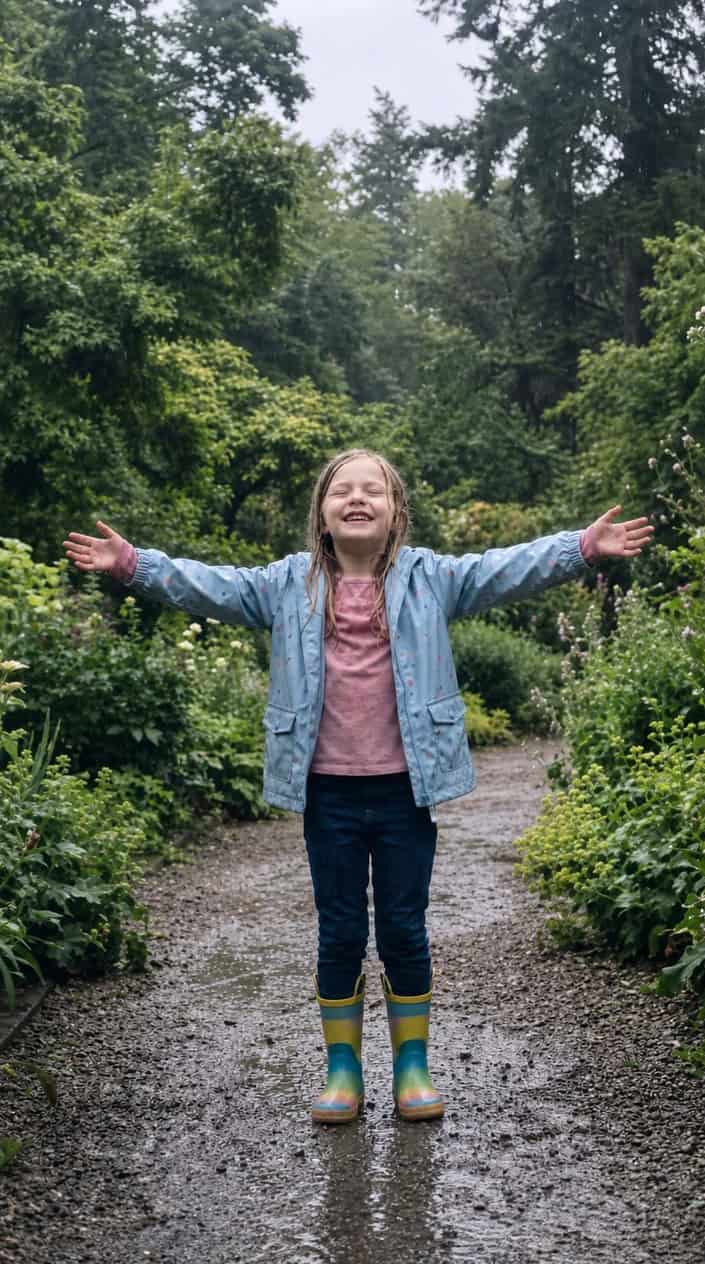 Short Moral Stories for Kids 9 A young girl smiling and standing with arms outstretched in a gentle rain outdoors.