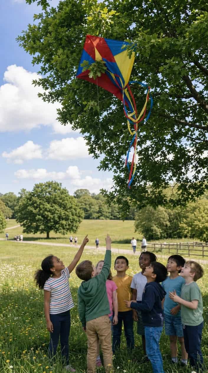 Short Moral Stories for Kids 13 A colorful kite tangled in a tree with children looking up and trying to help in a sunny park.
