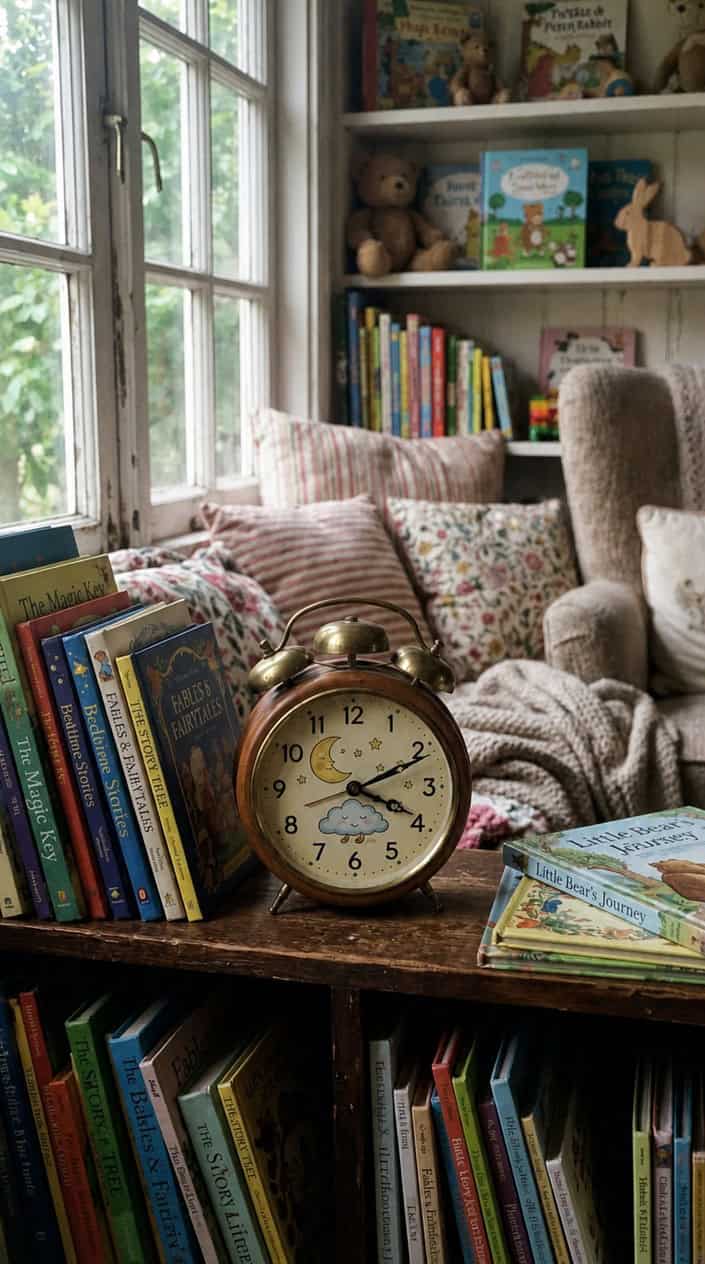 A small vintage clock on a wooden table surrounded by children's storybooks in a cozy reading nook with soft natural light.