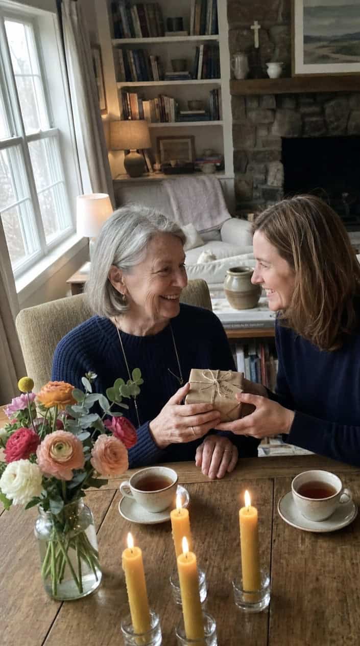 A mother and adult child sharing a tender moment as the child gives her a small gift at a cozy table with candles and flowers.
