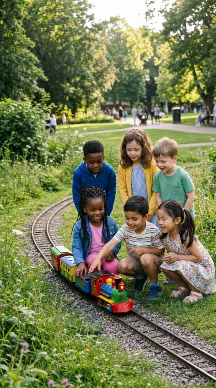 Short Moral Stories for Kids 15 A small toy train stopped on tracks with a group of young children gathered around it, smiling and interacting.