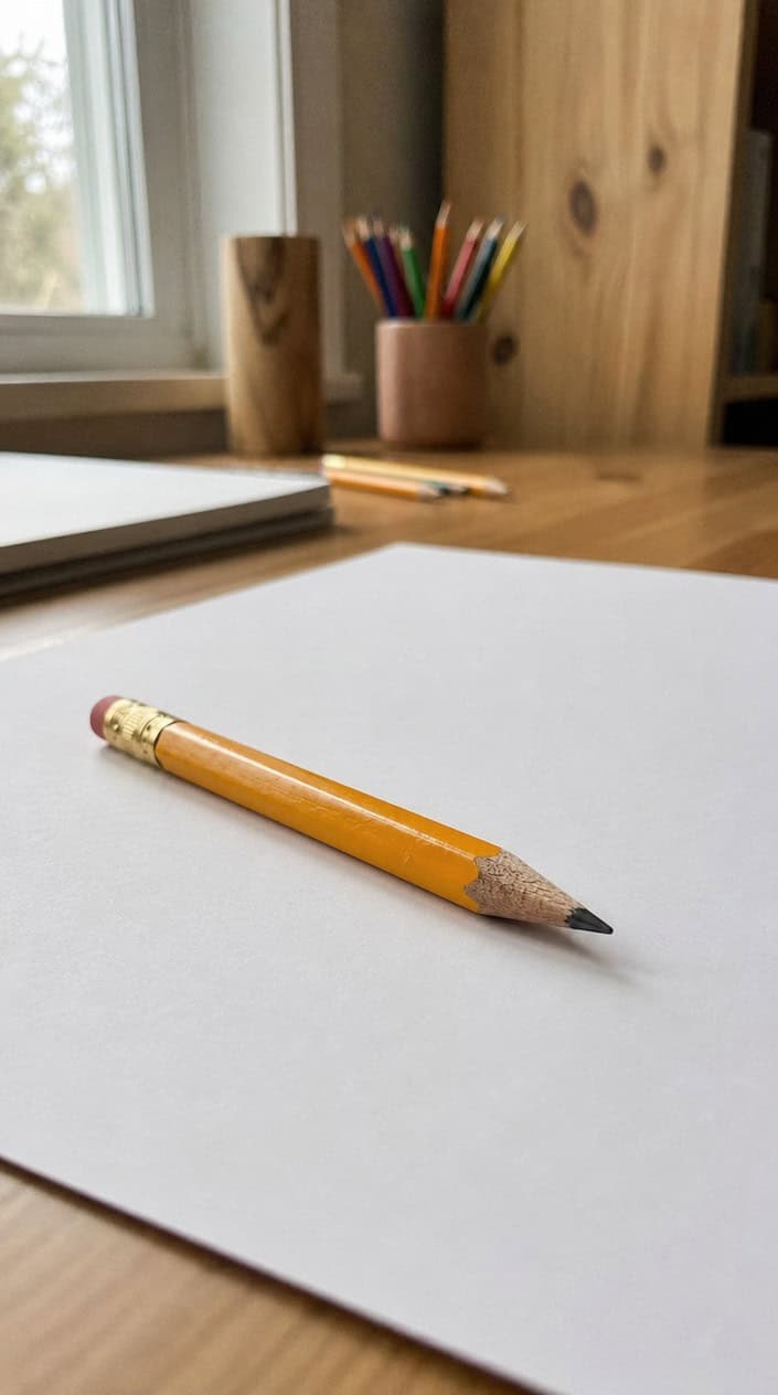 A close-up of a sharpened yellow pencil resting on a white sheet of paper on a desk.