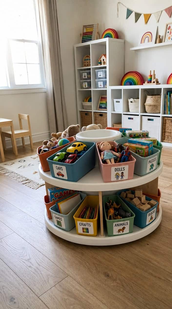 A multi-tier rotating toy caddy with labeled bins holding small cars, dolls, and puzzle pieces, positioned in the corner of a bright children's playroom.