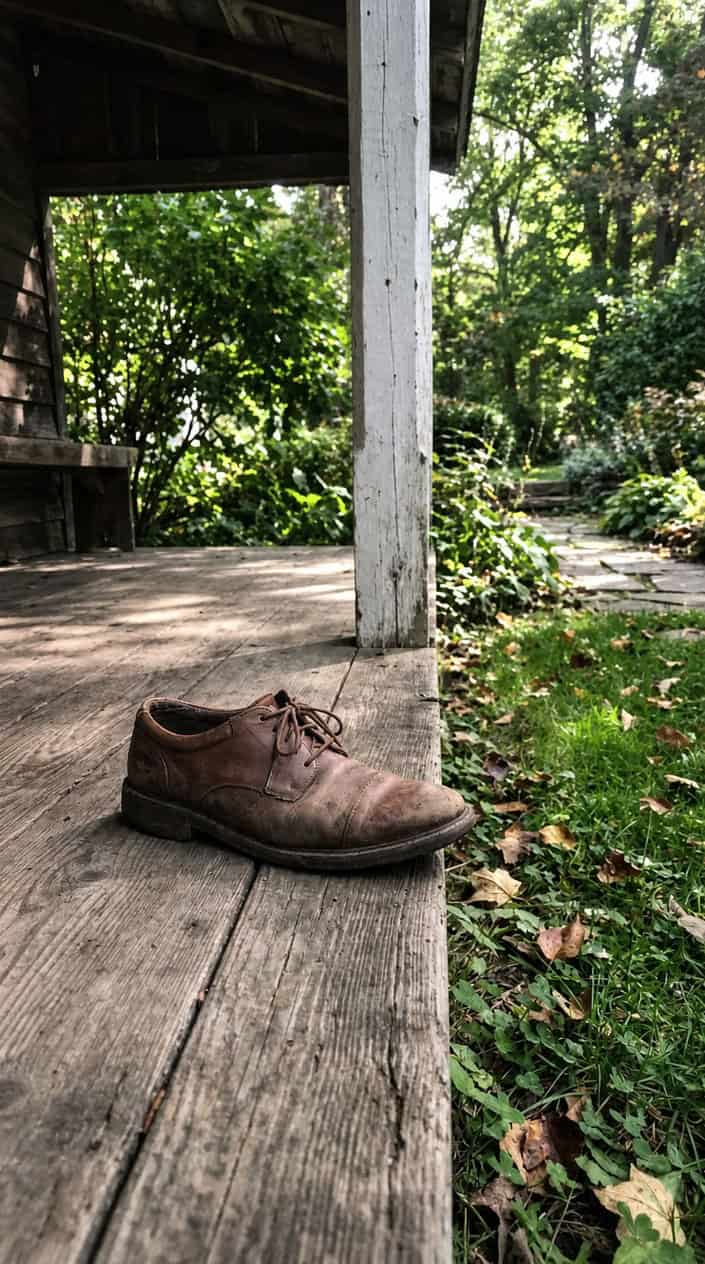 Short Moral Stories for Kids 22 A single worn shoe resting under a wooden porch with grass and leaves nearby.