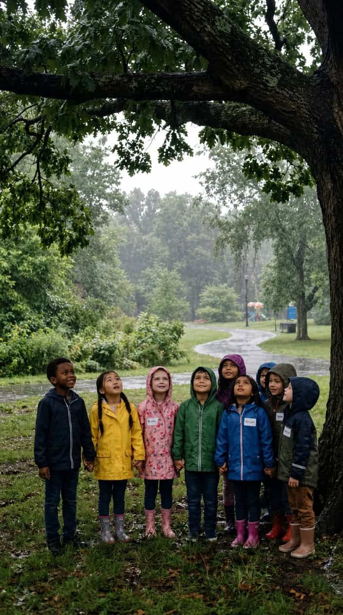 Short Moral Stories for Kids 19 A group of children standing together under a tree in light rain, looking up at the sky with calm and thoughtful expressions.