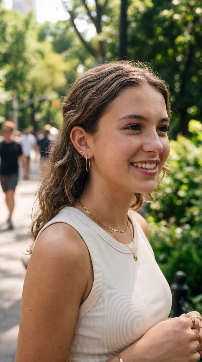 Close-up of a teenage girl wearing thin gold hoop earrings outdoors on a sunny summer day.