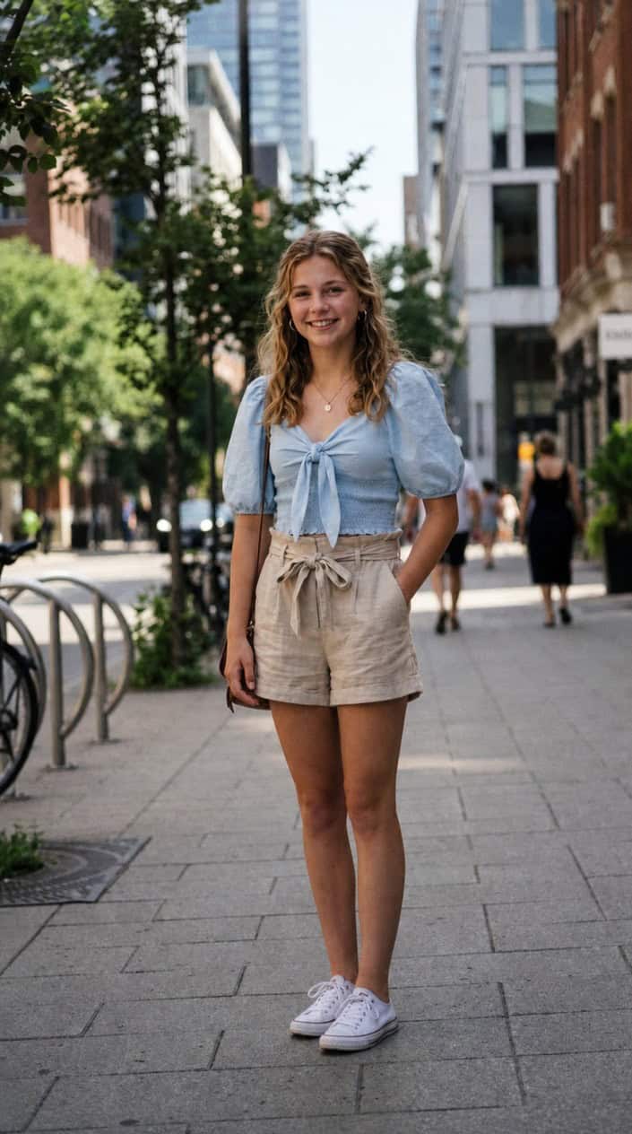 Teenage girl standing outdoors on a sunny day wearing a tie-front blouse with puff sleeves and high-waisted shorts.