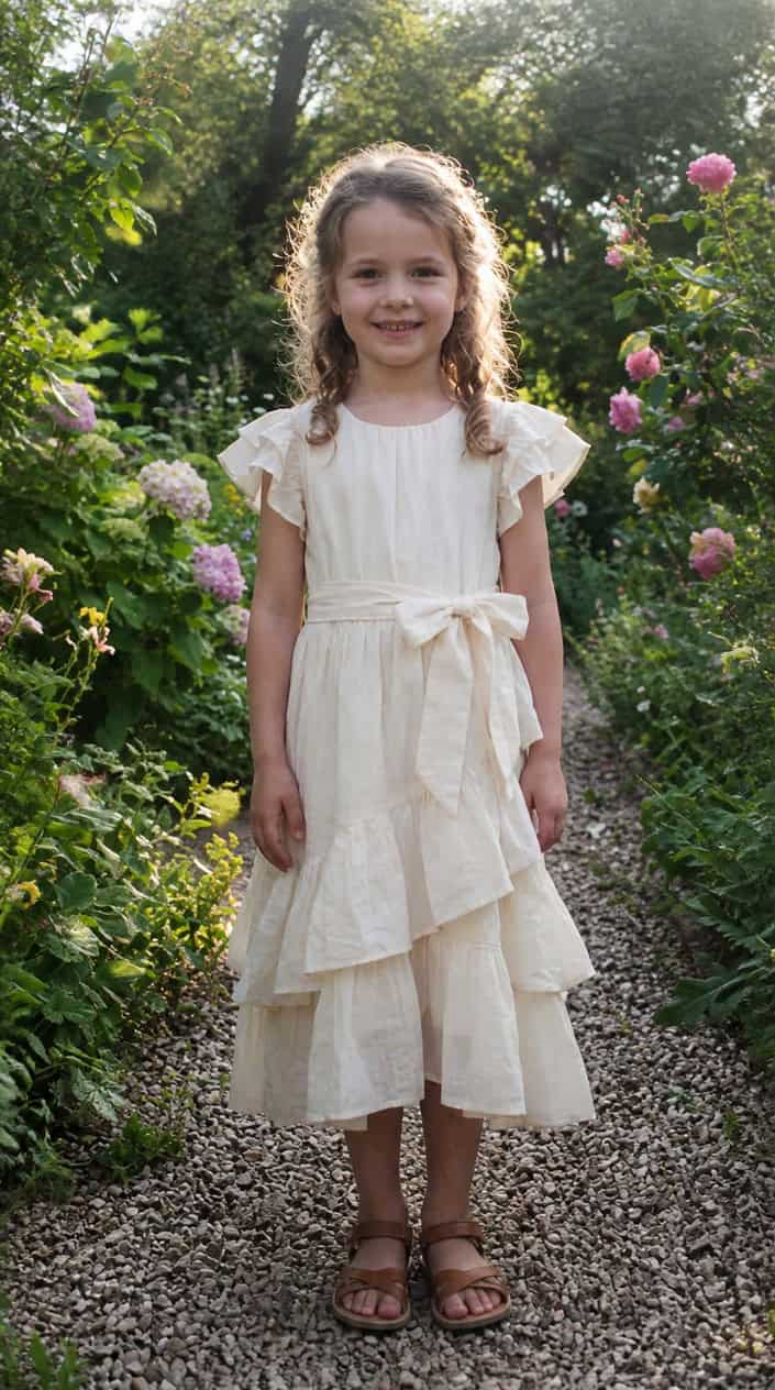 A young girl standing outdoors wearing a light tiered dress with a tied sash, smiling gently with greenery in the background.