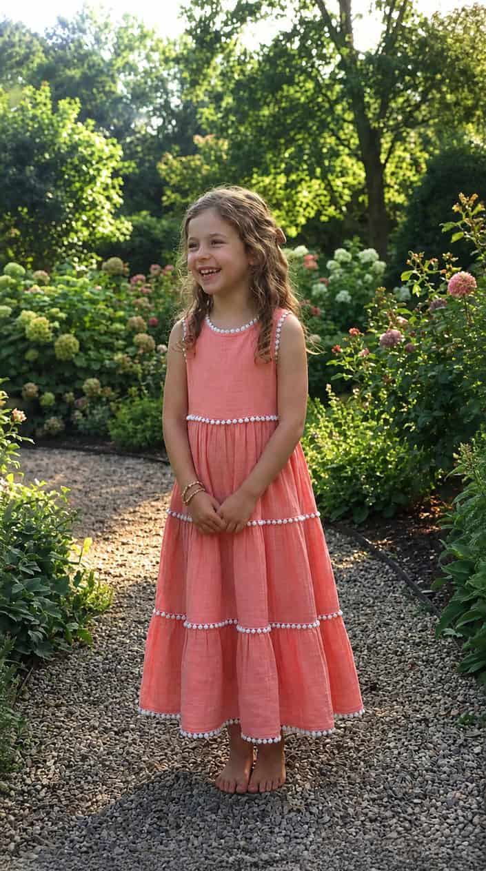 A young girl standing outdoors wearing a long tiered dress with pom-pom trim, smiling gently in natural light.