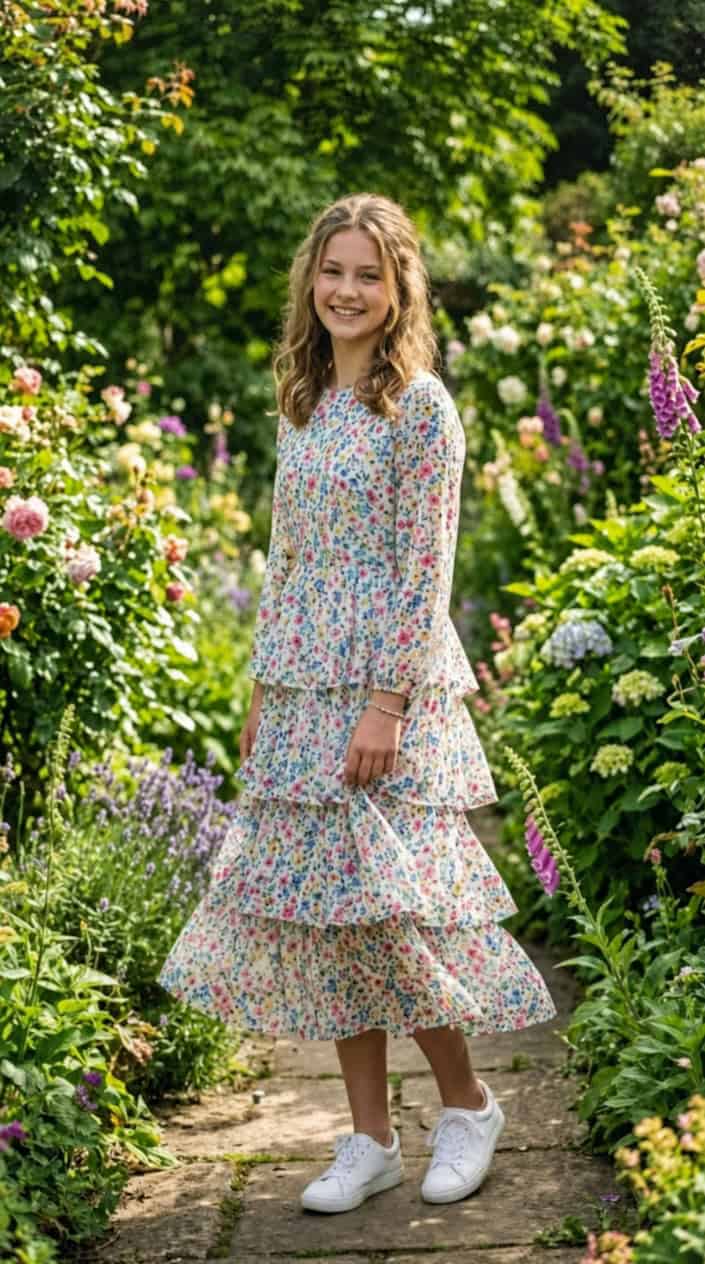 22 Teen Girl Summer Outfits for the Year She Suddenly Cares What She Wears 6 A teenage girl standing outdoors in a garden wearing a layered floral midi dress.