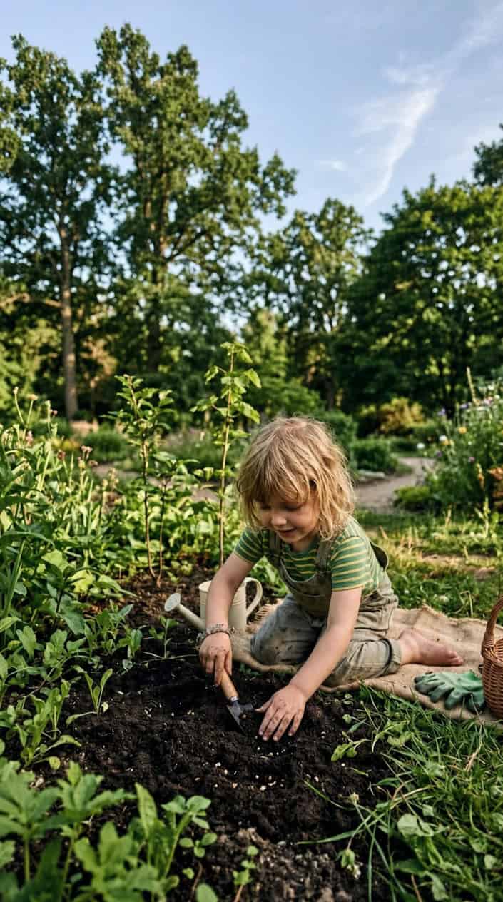 Short Moral Stories for Kids 8 A child planting seeds in soil with tall trees visible in the background under a clear sky.