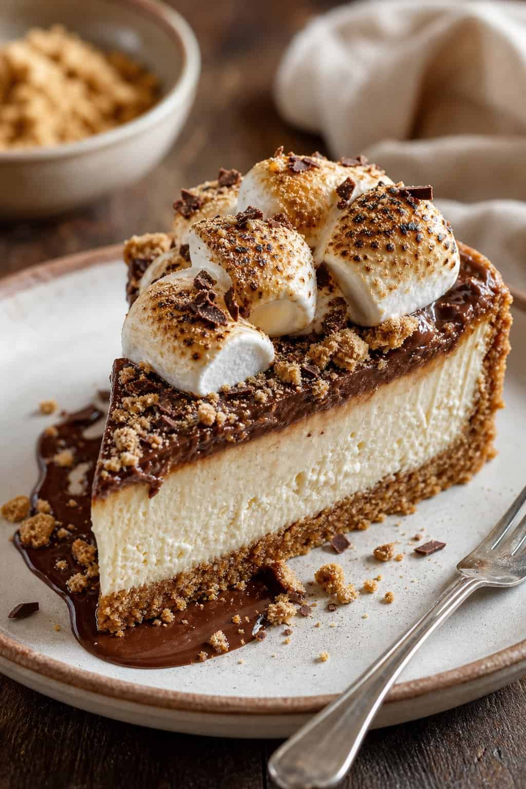 A slice of s'mores cheesecake with a graham cracker crust, chocolate layer, and golden toasted mini marshmallows piled on top with chocolate sauce drizzled over.