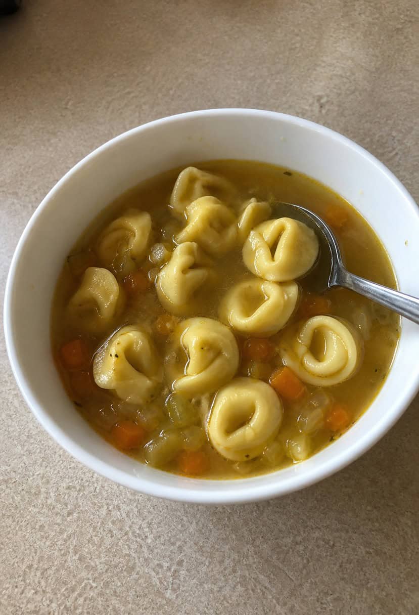 A simmering pot of tortellini soup surrounded by fresh ingredients and a ladle