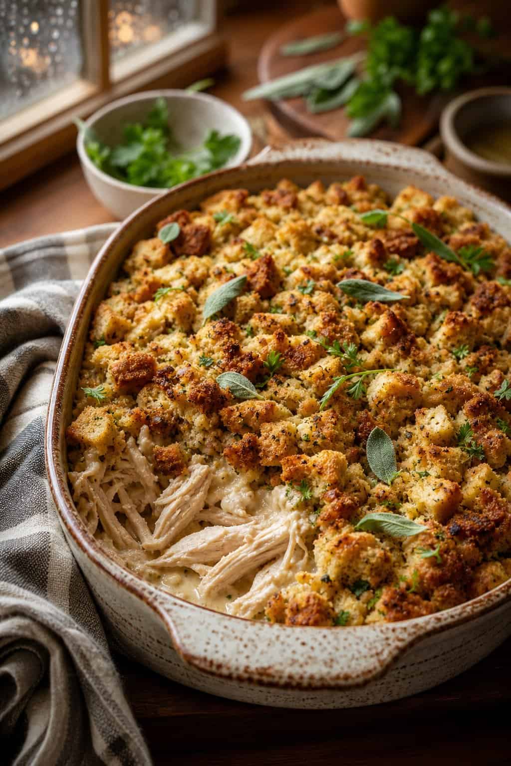 A golden turkey and stuffing casserole with a crisp herb stuffing top and creamy filling visible at the edges, in a white ceramic baking dish on a cozy kitchen table.