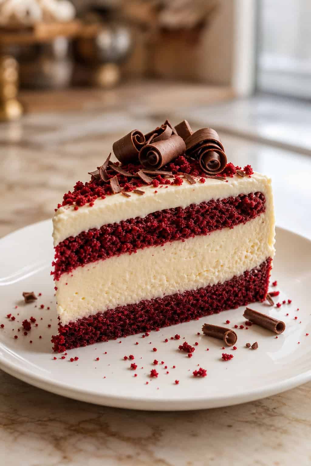 A slice of red velvet cheesecake showing a deep red cake layer, a pale cream cheesecake layer, and a dusting of chocolate curls on a white plate.