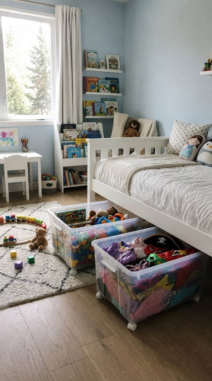 Low-profile clear rolling storage bins tucked under a child's bed, holding folded costumes, dress-up accessories, and seasonal toys, with labeled short ends facing out.