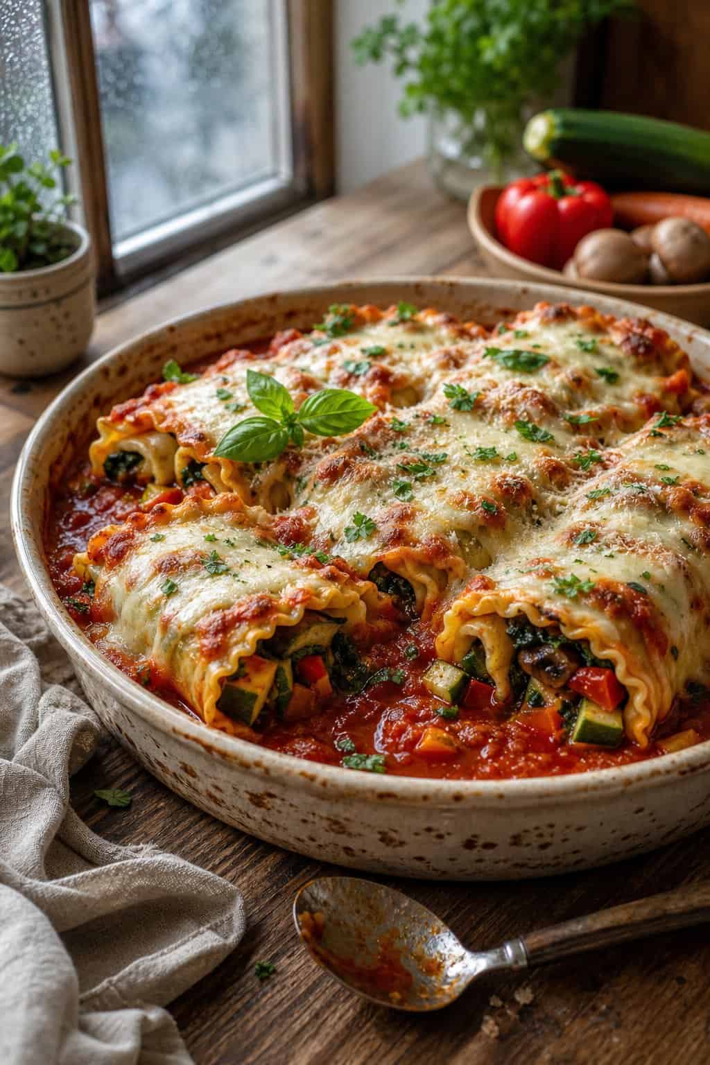 A baked vegetable lasagna roll-up casserole with noodle rolls visible under melted mozzarella, bright tomato sauce, and scattered fresh basil on a wooden table.
