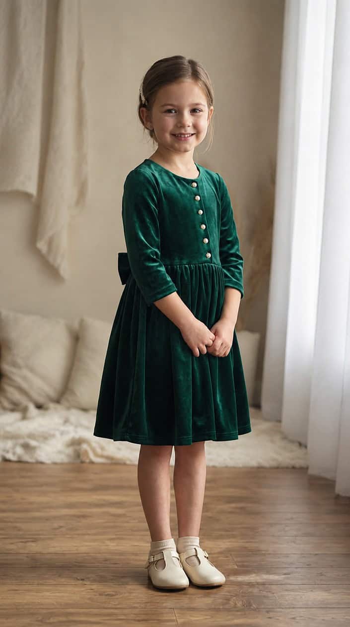 A young girl standing and wearing a velvet dress with pearl buttons in a bright studio.
