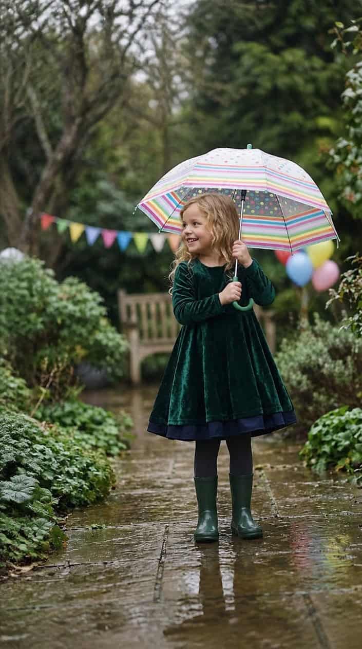 Little Girl Dress Styles for a Rainy Birthday Party 11 A young girl in a velvet dress holding an umbrella outdoors on a rainy day, smiling happily.